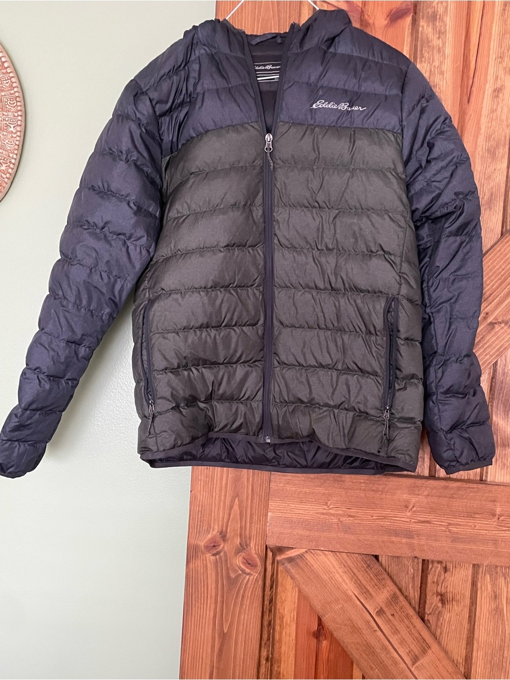 Eddie Bauer Dark Gray and Navy Quilted Hooded Puffer Jacket